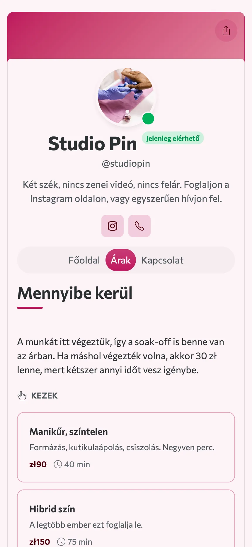 Két fül — egy árlista és egy cím, ez maga a weboldal