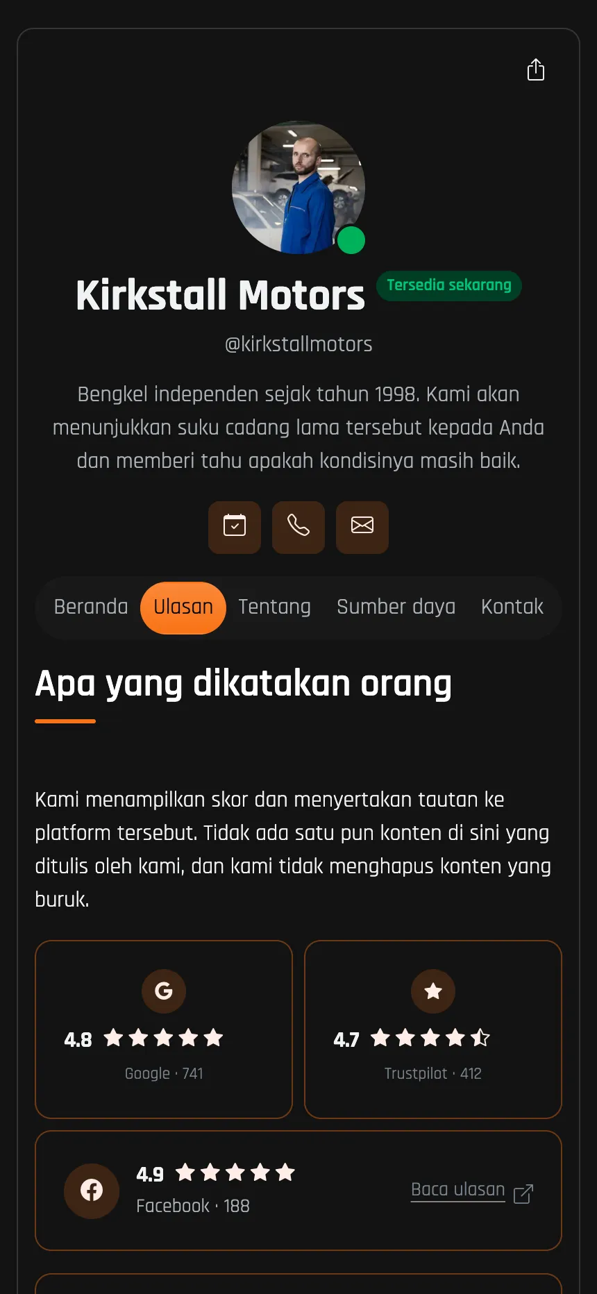 Bengkel mobil — penilaian ulasan dari Google dan Trustpilot
