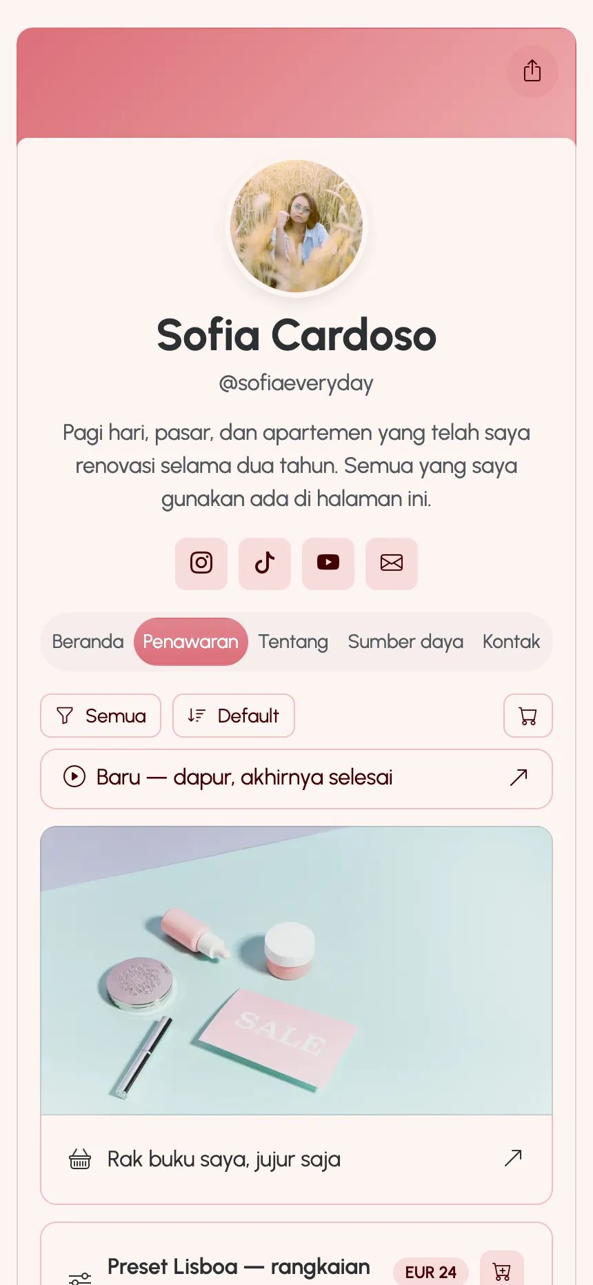 Halaman kreator yang dipublikasikan di KEA.Page — tautan, preset, dan langganan