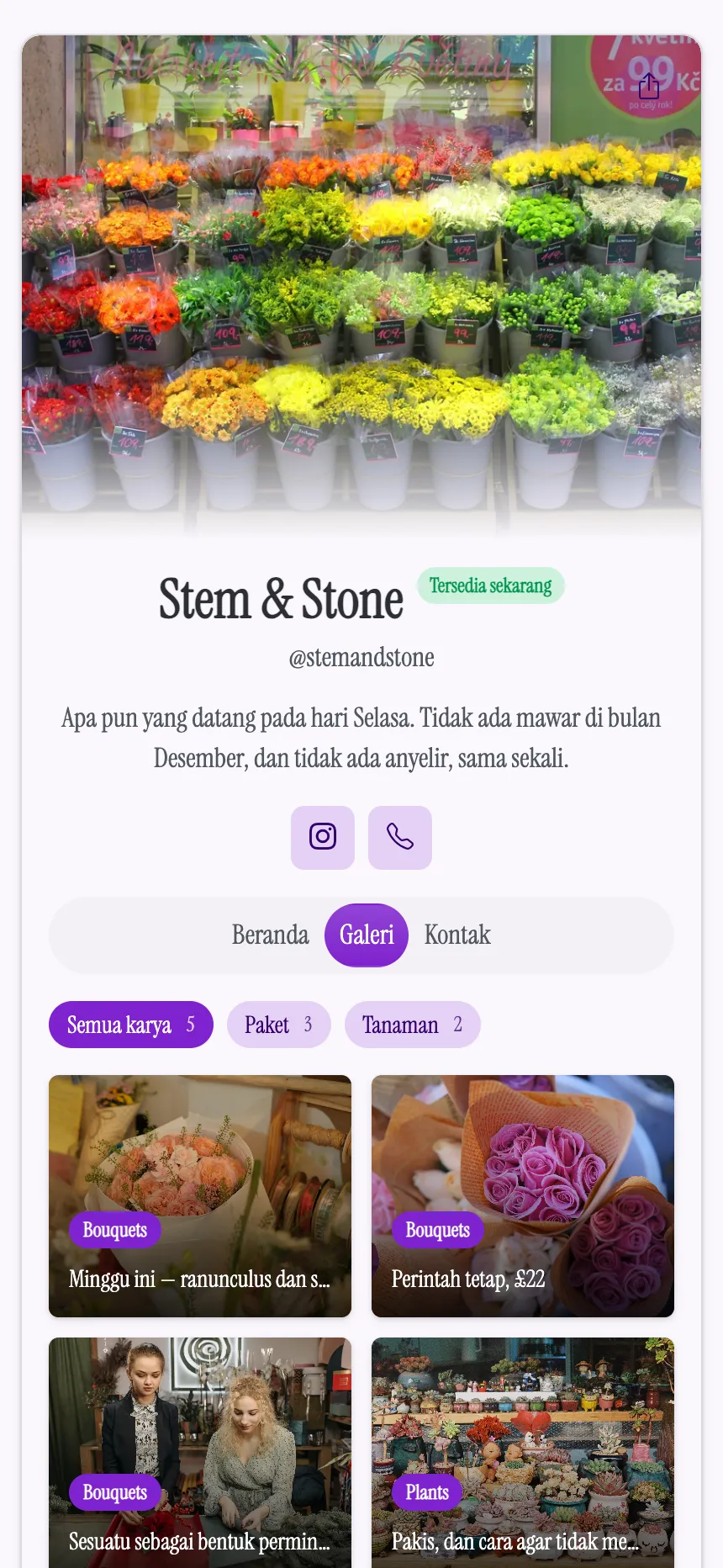 Dua tab — toko bunga yang menampilkan kiriman bunga segar minggu ini