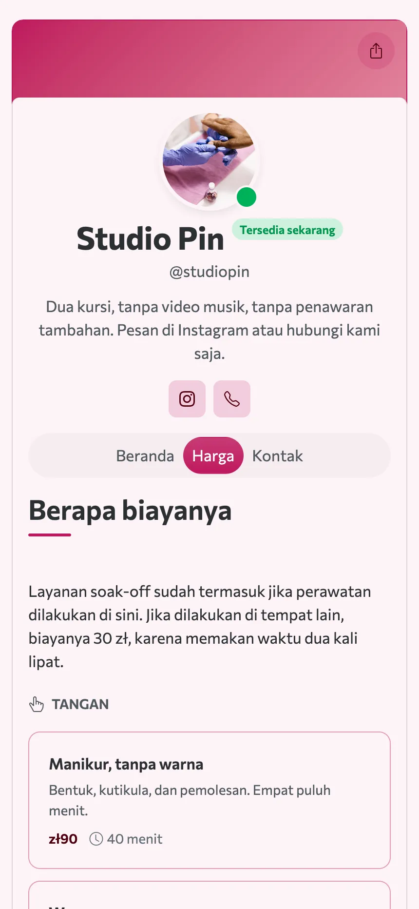 Dua tab — daftar harga dan alamat lokasi, itulah seluruh situsnya