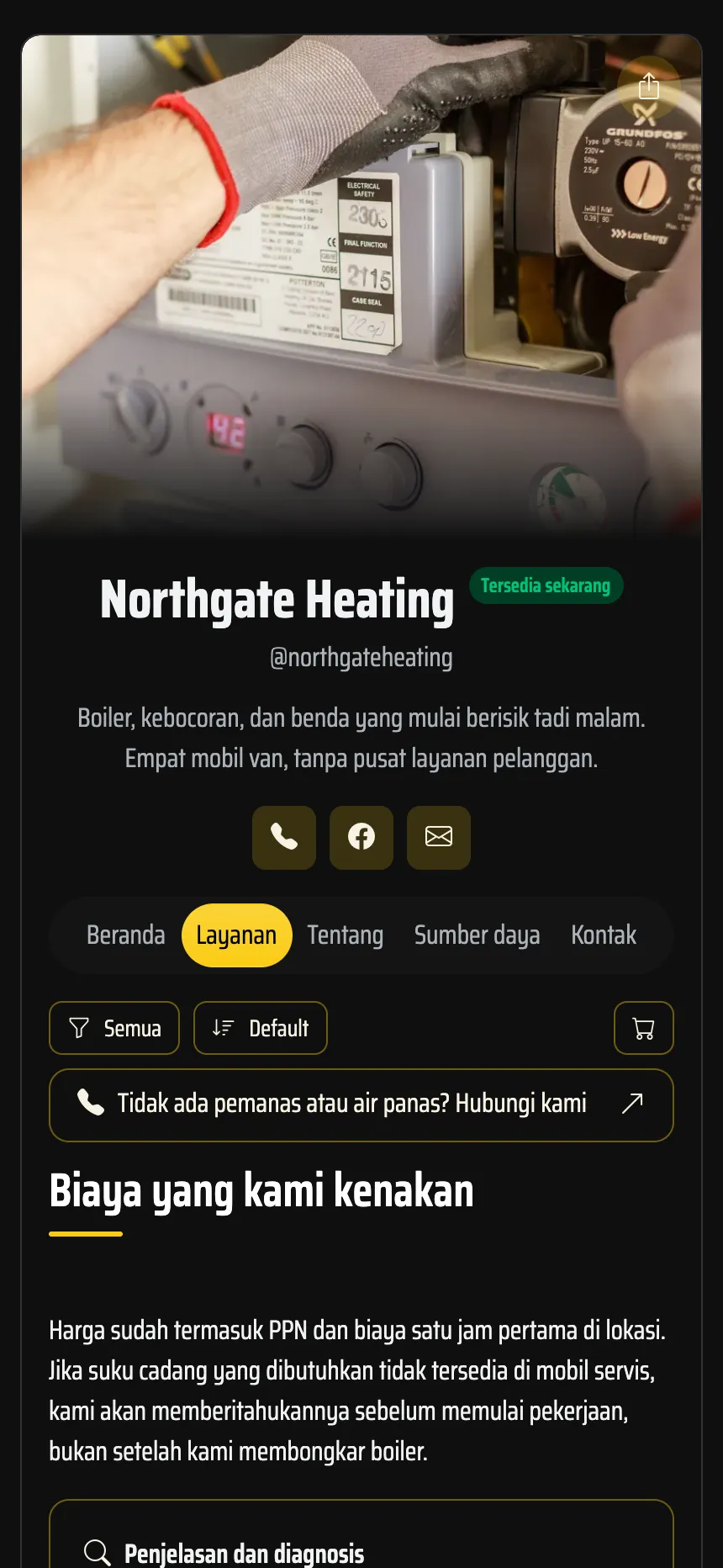 Teknisi pemanas — panggilan darurat dengan tarif dan tombol telepon