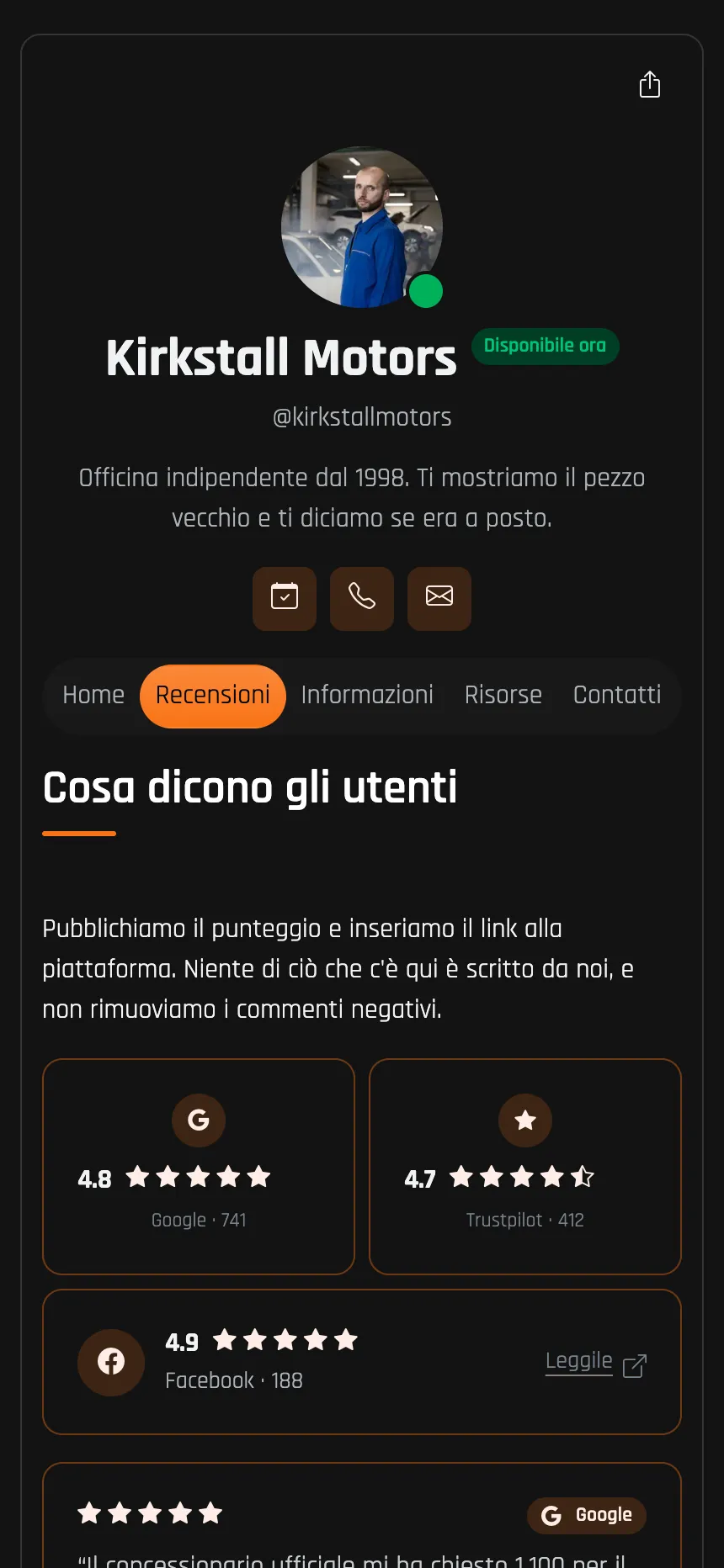 Officina — valutazioni importate da Google e Trustpilot