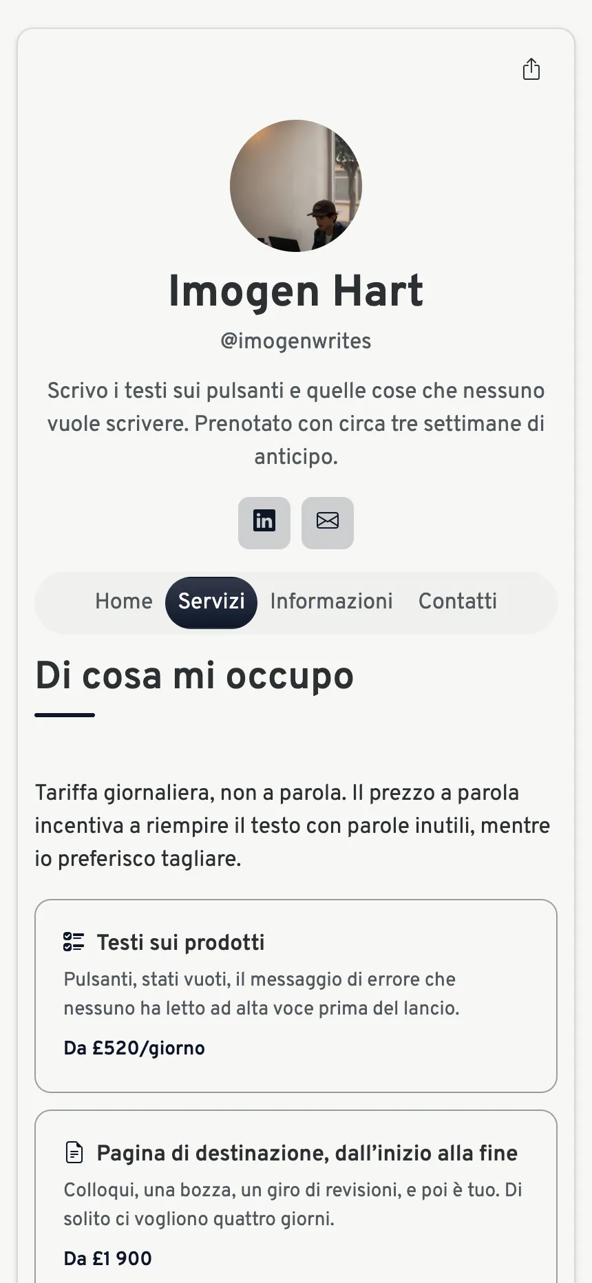 Tre schede — giusto il necessario per vendere un servizio, niente di più