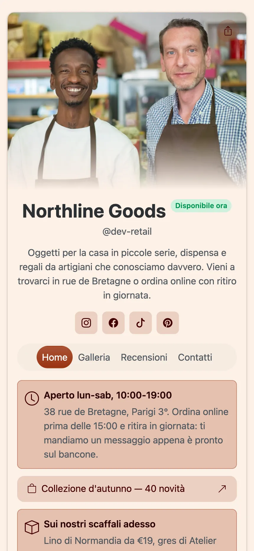 La pagina principale di un sito pubblicato su KEA.Page
