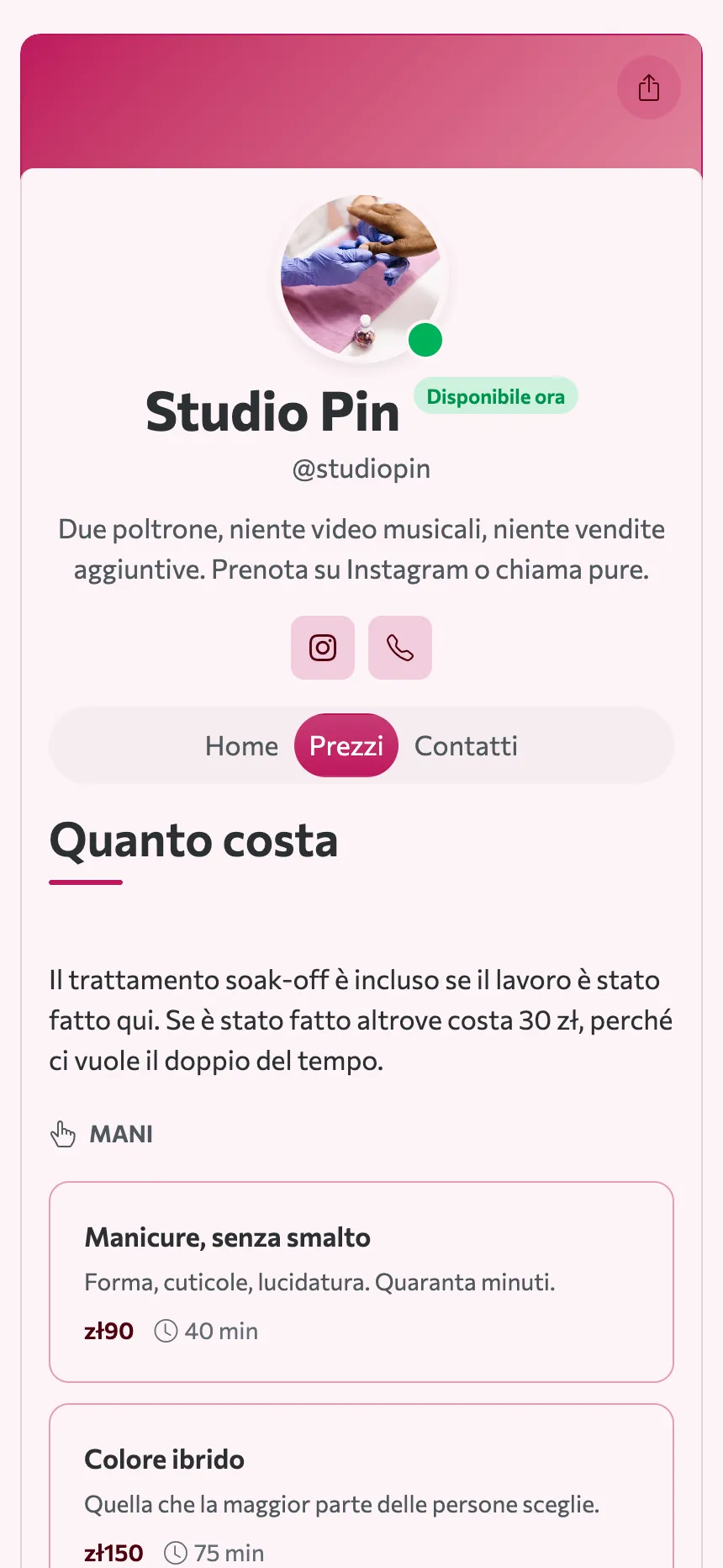 Due schede — un listino prezzi e un indirizzo, ed ecco il sito