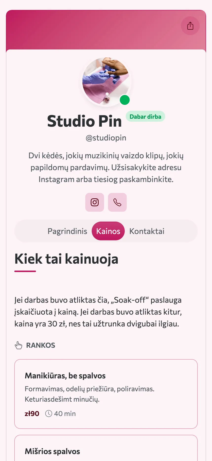 Dvi kortelės — kainoraštis ir adresas, ir tai yra visa svetainė