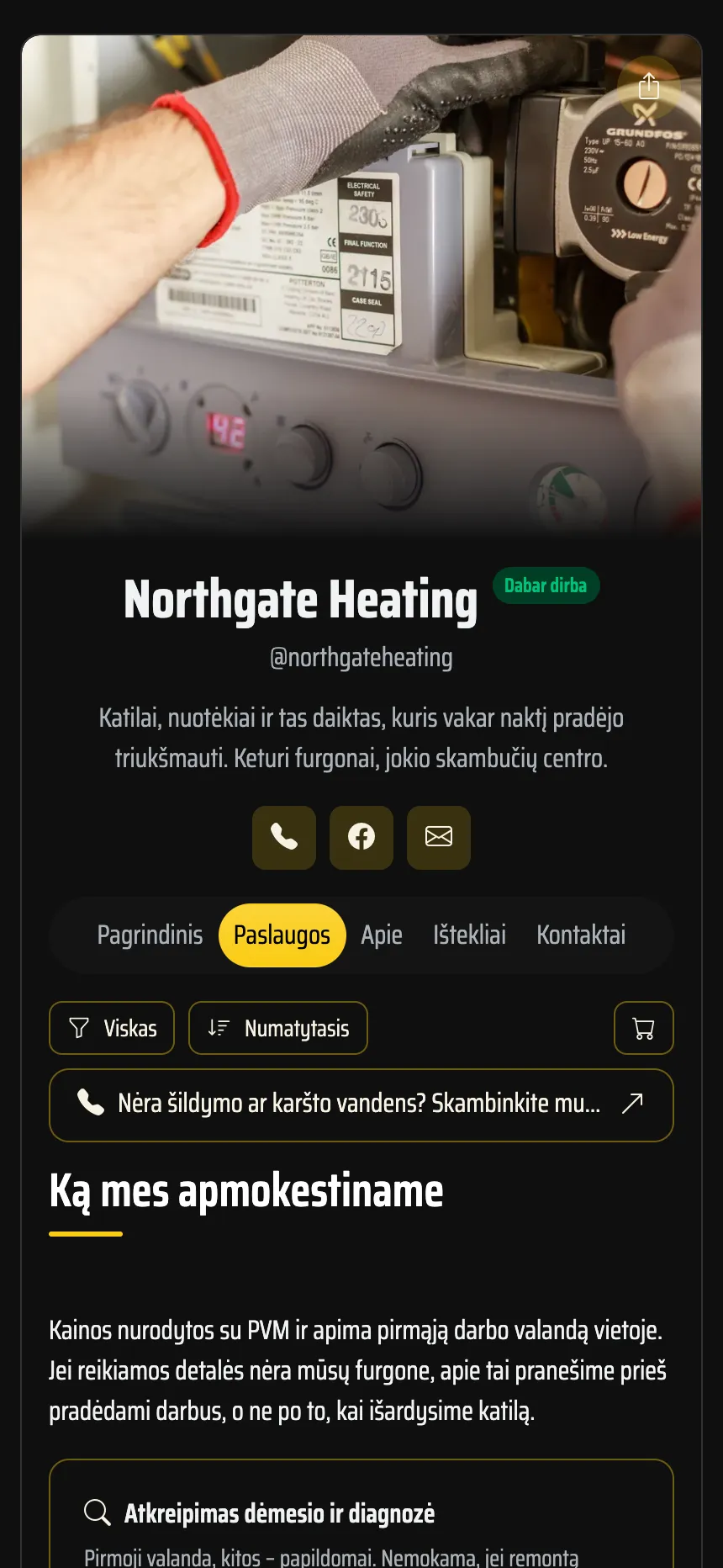 Šildymo meistras — iškvietimai su kainomis ir mygtukas skambinti