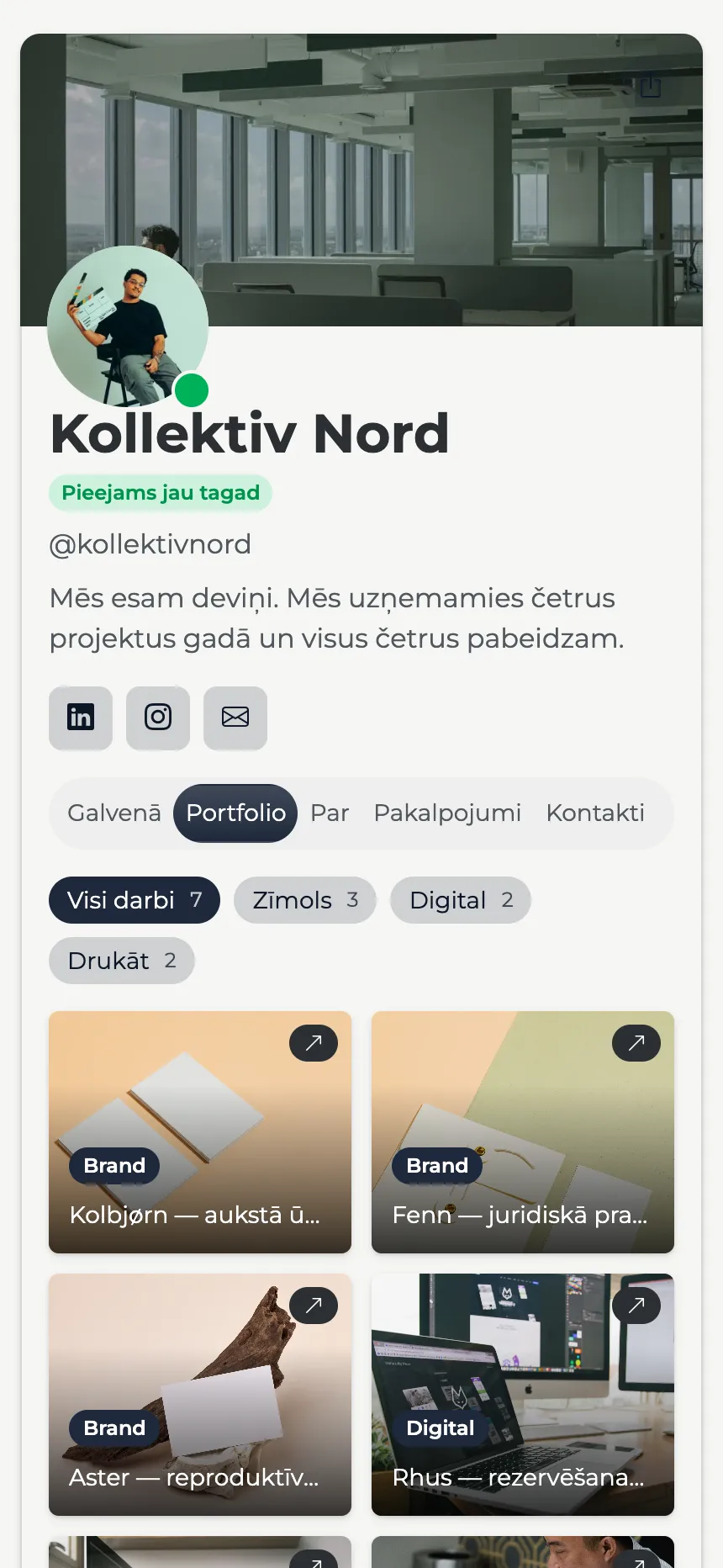 Dizaina studija — filtrējams portfolio ar banera galveni