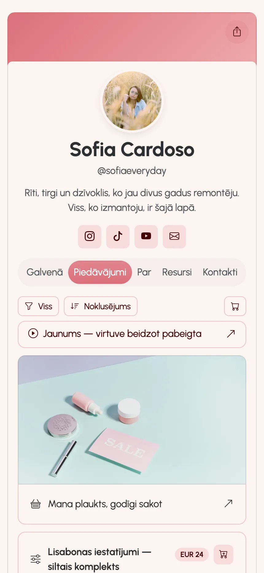 Satura veidotāja lapa KEA.Page — saites, iestatījumi un abonements