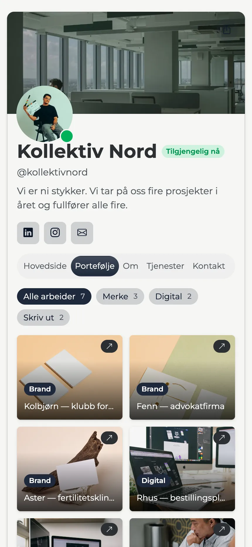 Designstudio — en filtrerbar portefølje, med banner i toppen