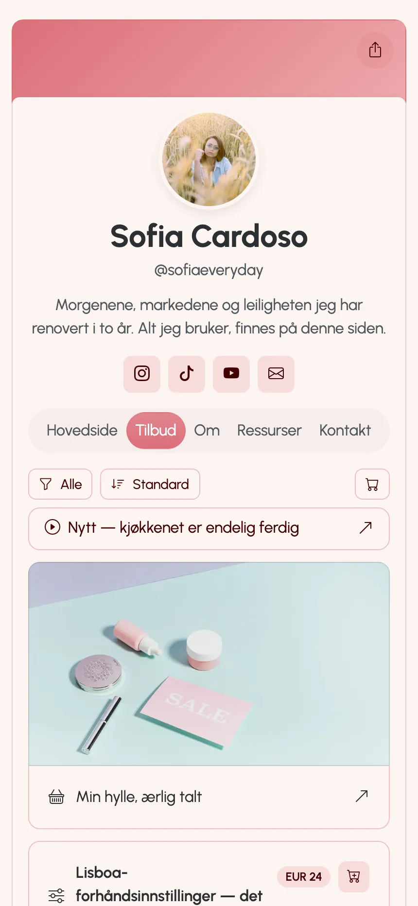En skaperside publisert på KEA.Page — lenker, forhåndsinnstillinger og et medlemskap
