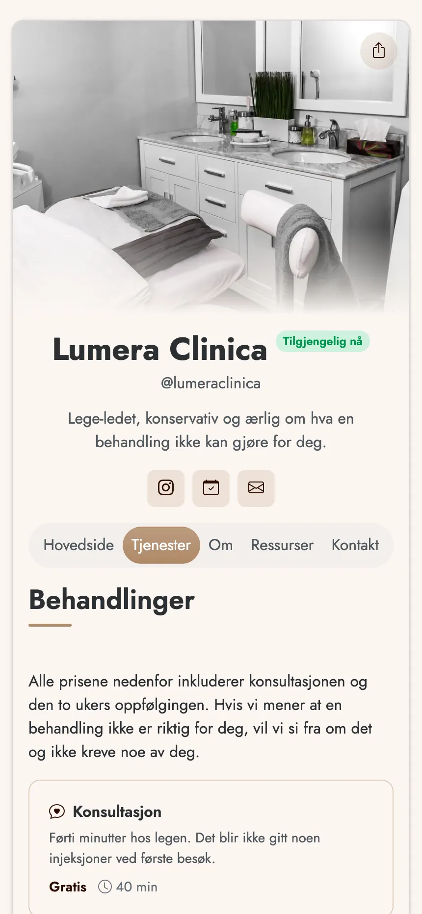 Estetisk klinikk — prissatte behandlinger og en bookingknapp