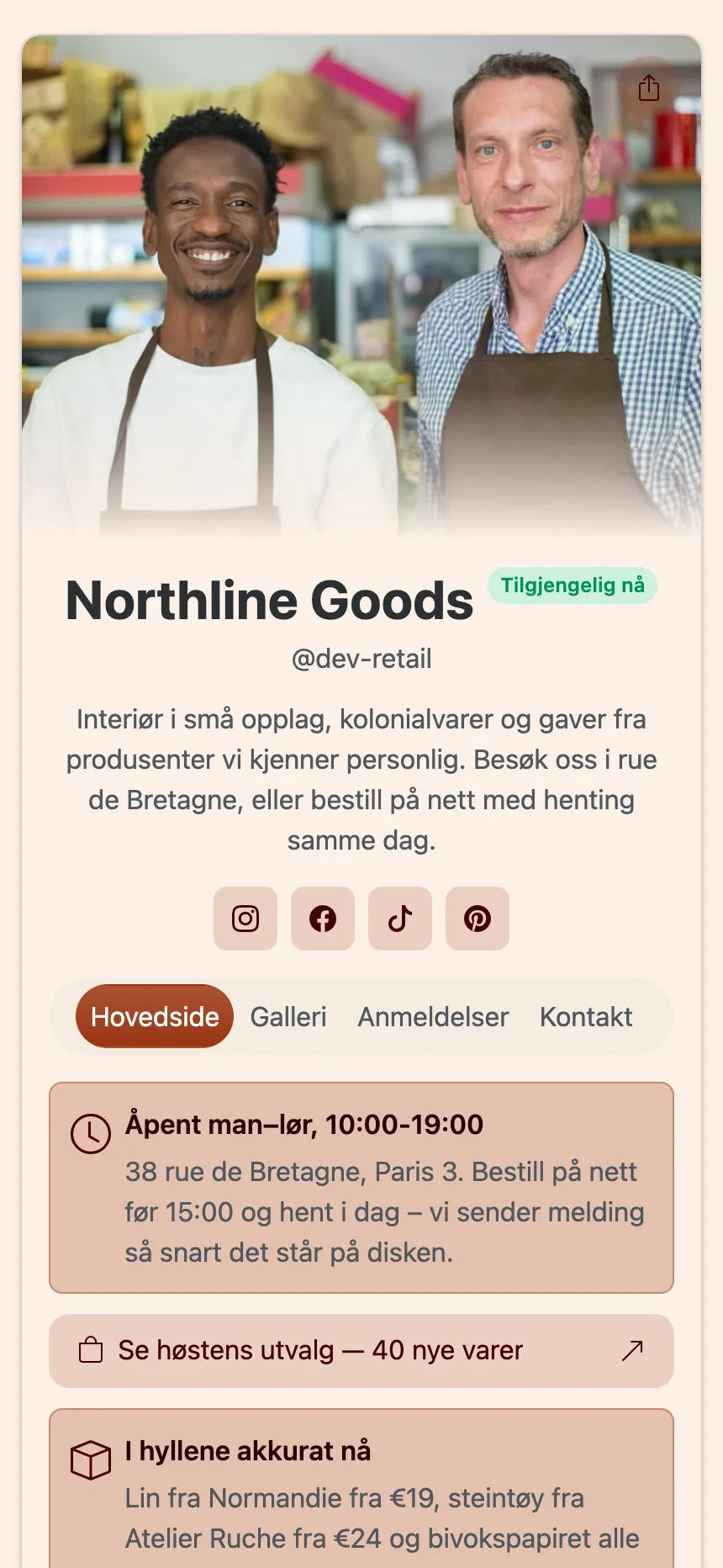 Hovedsiden til et publisert KEA.Page-nettsted
