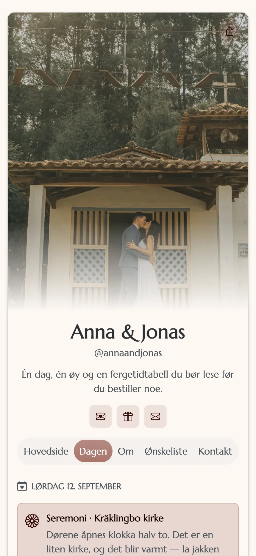 Et bryllup — tidsplan, kart og svar på innbydelsen