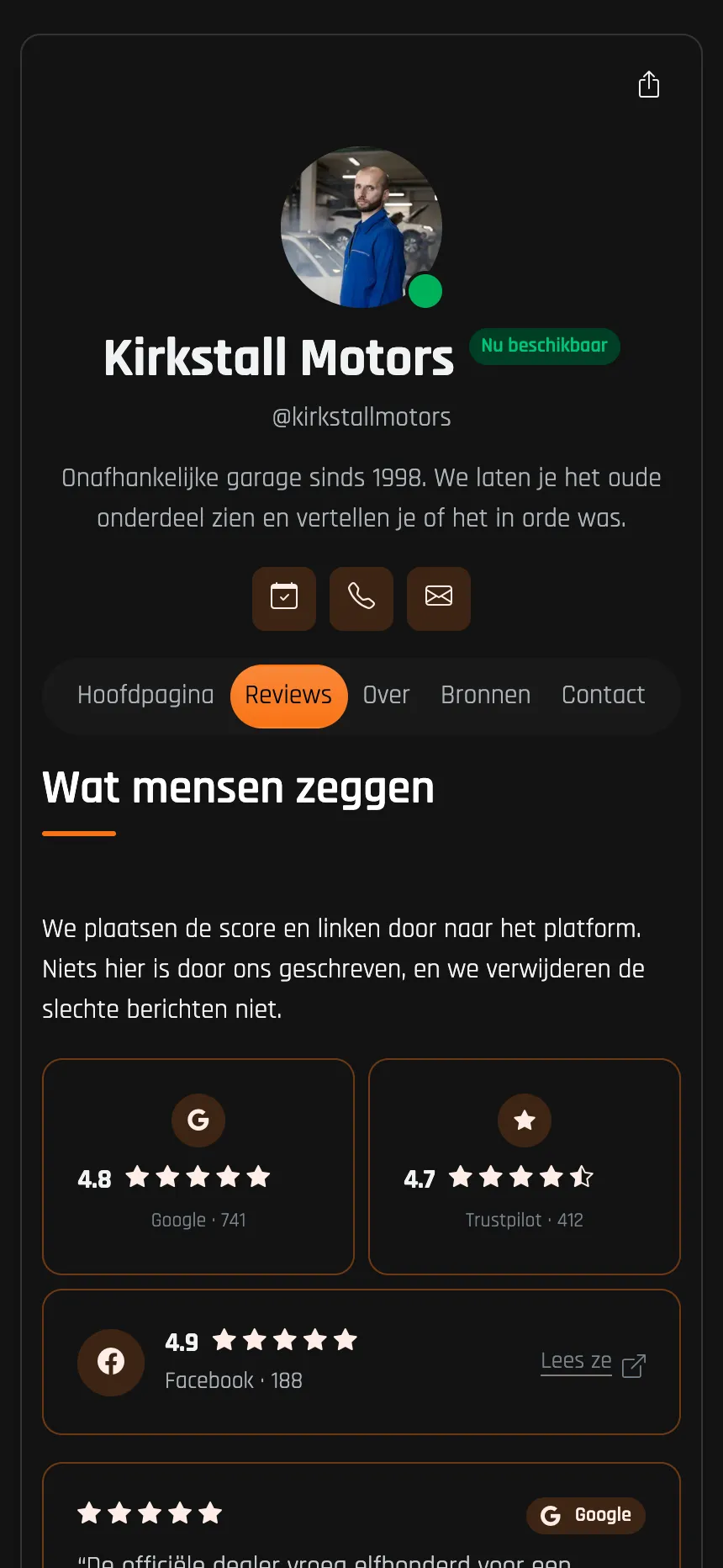 Autogarage — beoordelingen overgenomen van Google en Trustpilot