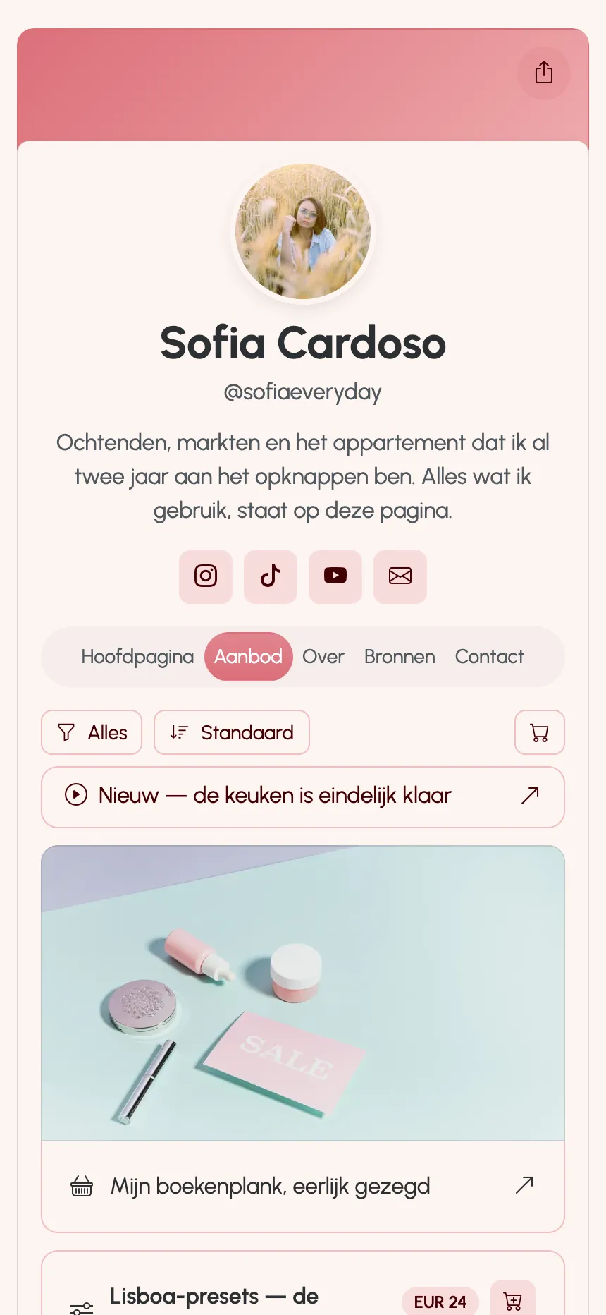 Een makerspagina gepubliceerd op KEA.Page — links, presets en een lidmaatschap