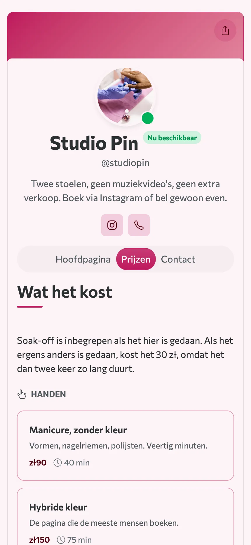 Twee tabbladen — een prijslijst en een adres, en dat is de hele site