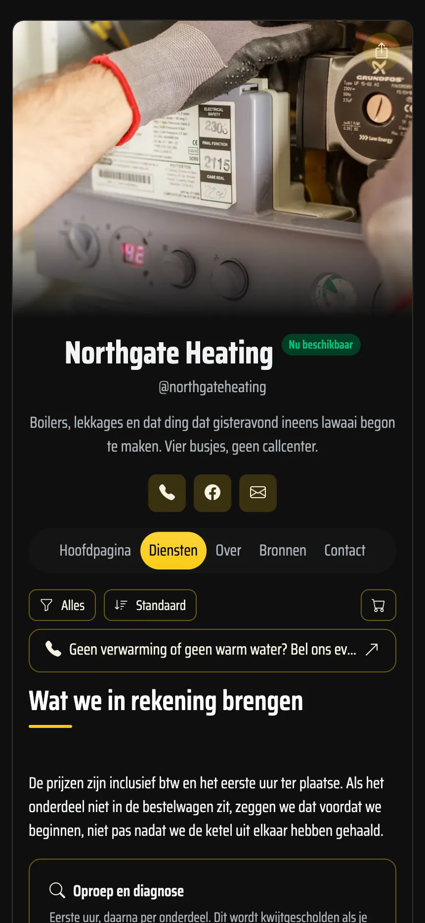 Verwarmingsmonteur — storingsdiensten met prijs en een belknop