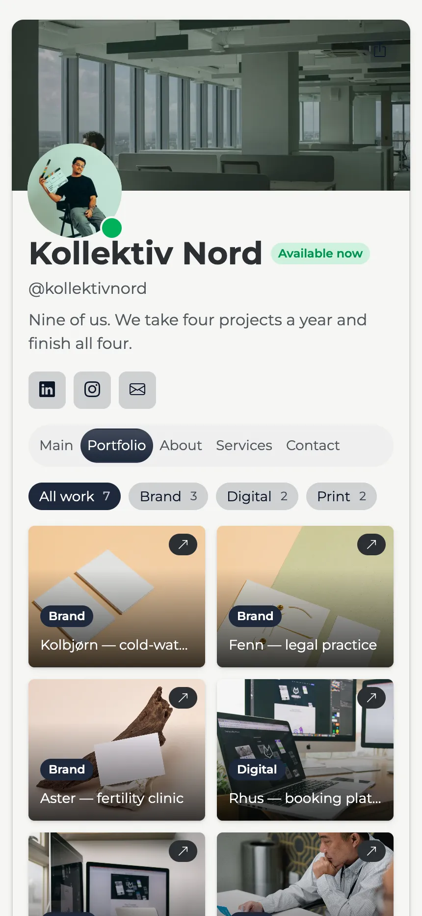 Design studio — a filterable portfolio, on the banner header