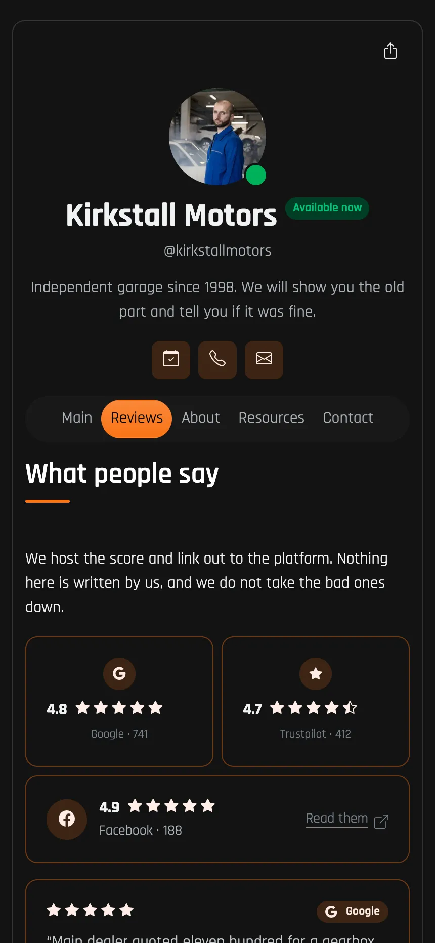 Garage — ratings carried in from Google and Trustpilot