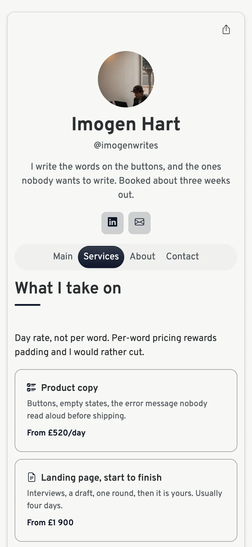 Three tabs — enough to sell a service, no more