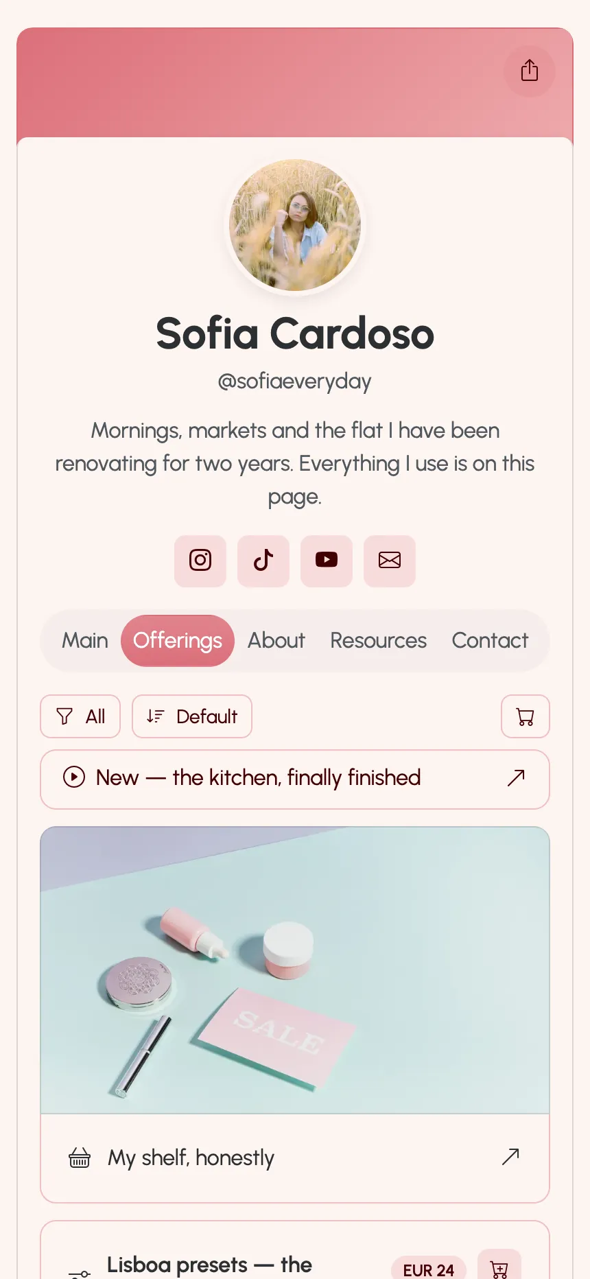 A creator page published on KEA.Page — links, presets and a membership