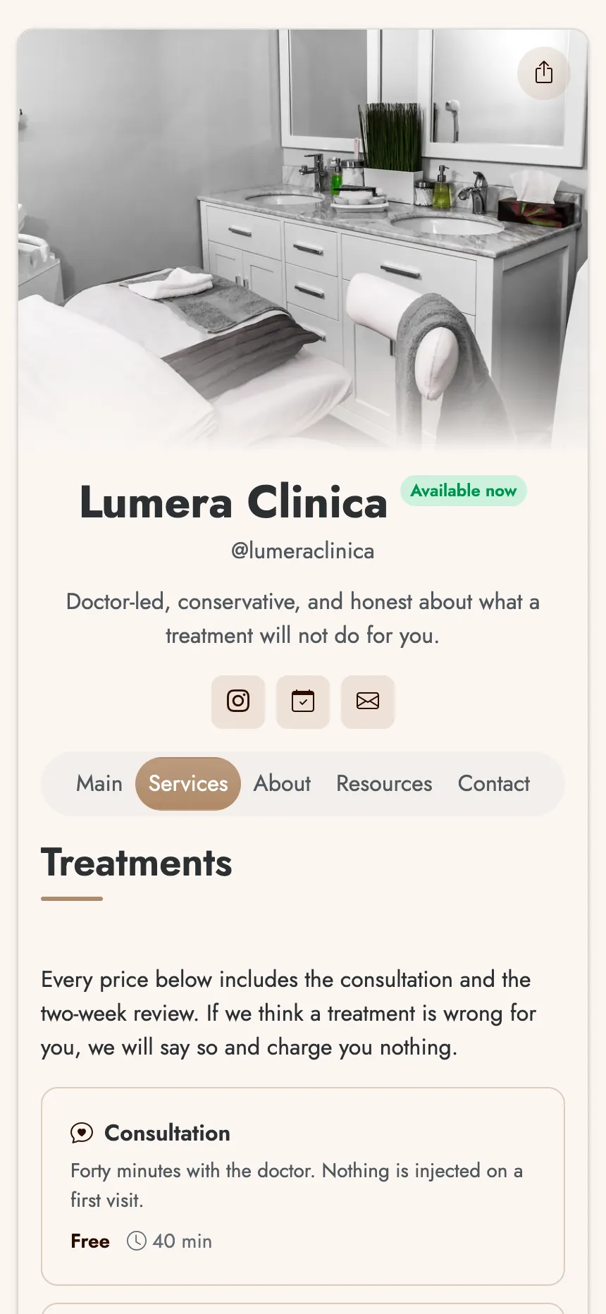 Aesthetics clinic — priced treatments and a booking CTA