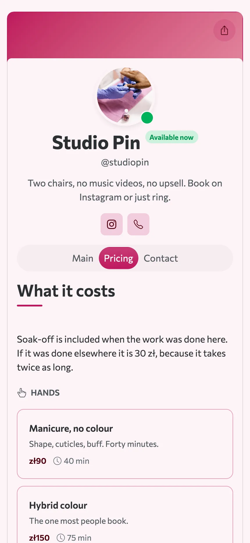 Two tabs — a price list and an address, and that is the site
