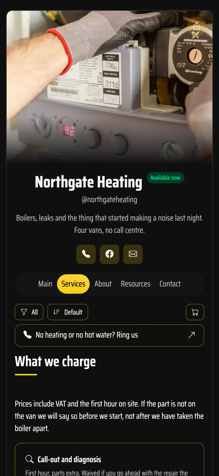 Heating engineer — priced call-outs and a phone CTA