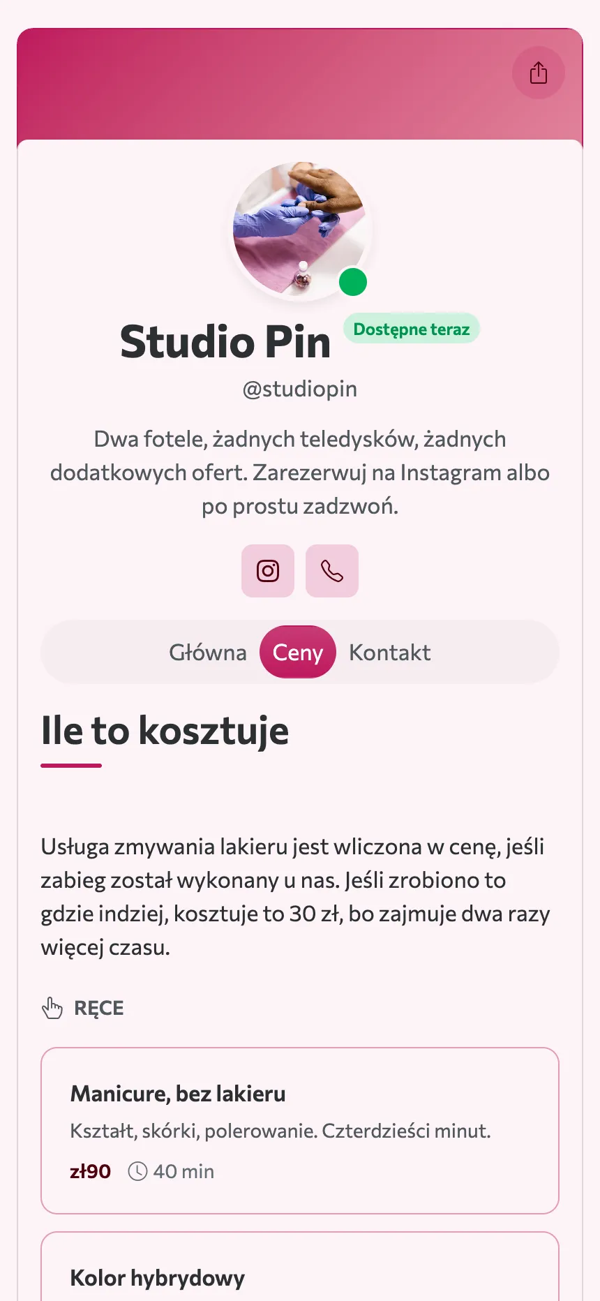 Dwie zakładki — cennik i adres, i to cała strona