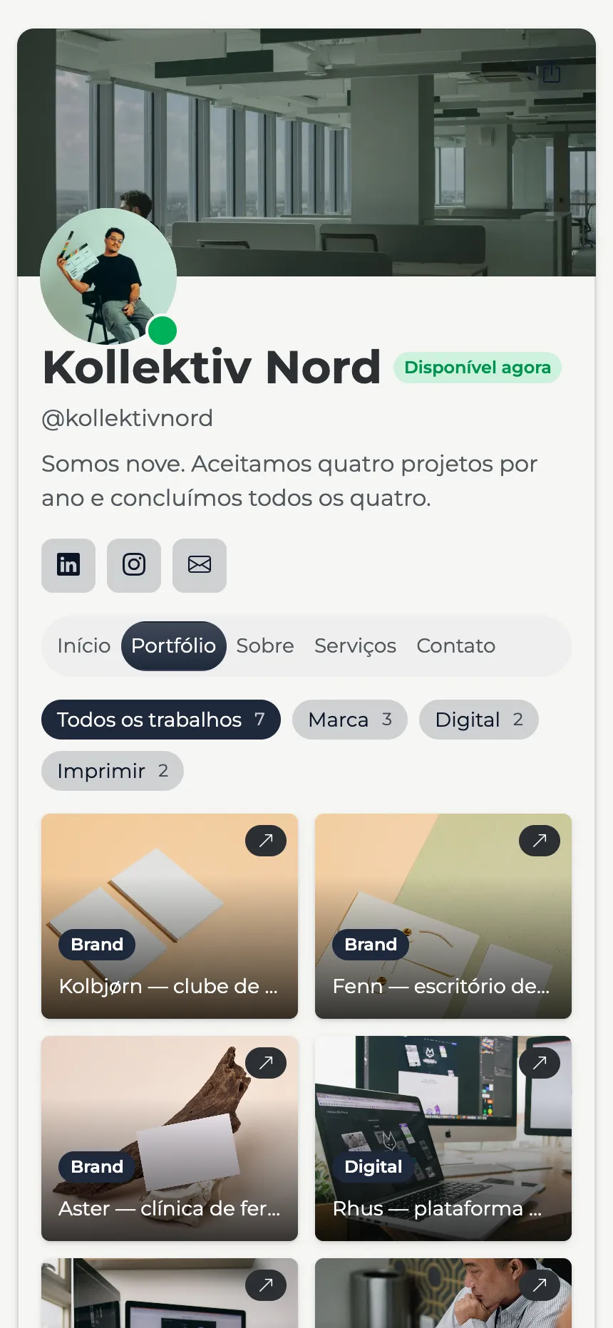 Estúdio de design — portfólio com filtros e cabeçalho em banner