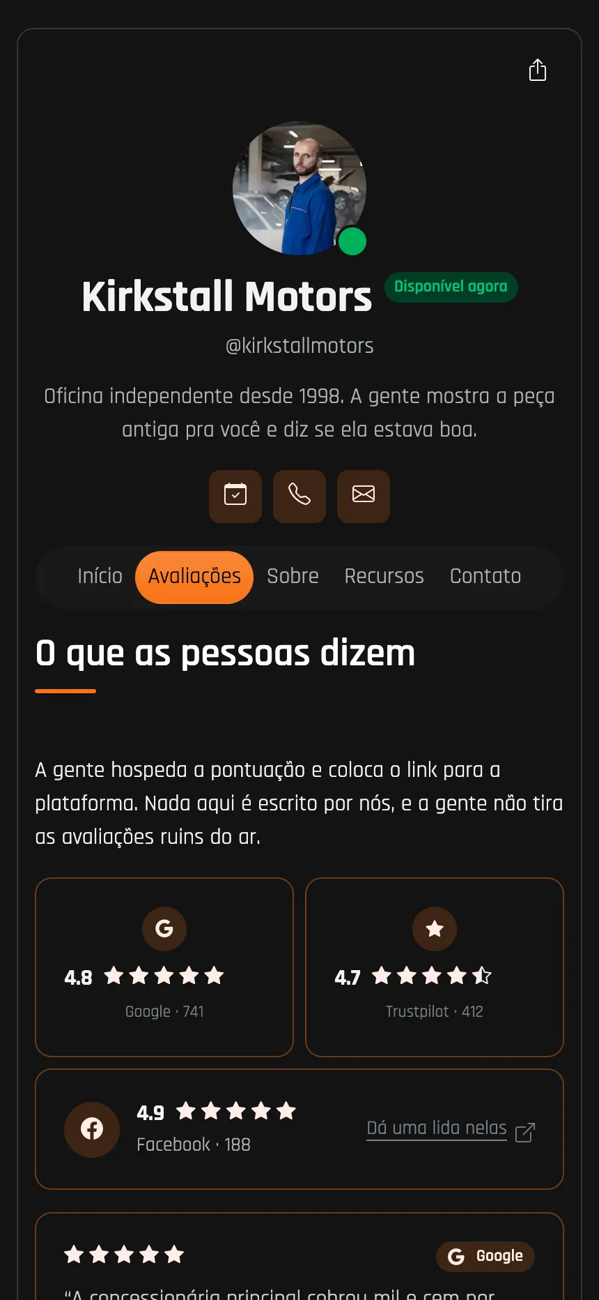 Oficina mecânica — avaliações vindas do Google e Trustpilot