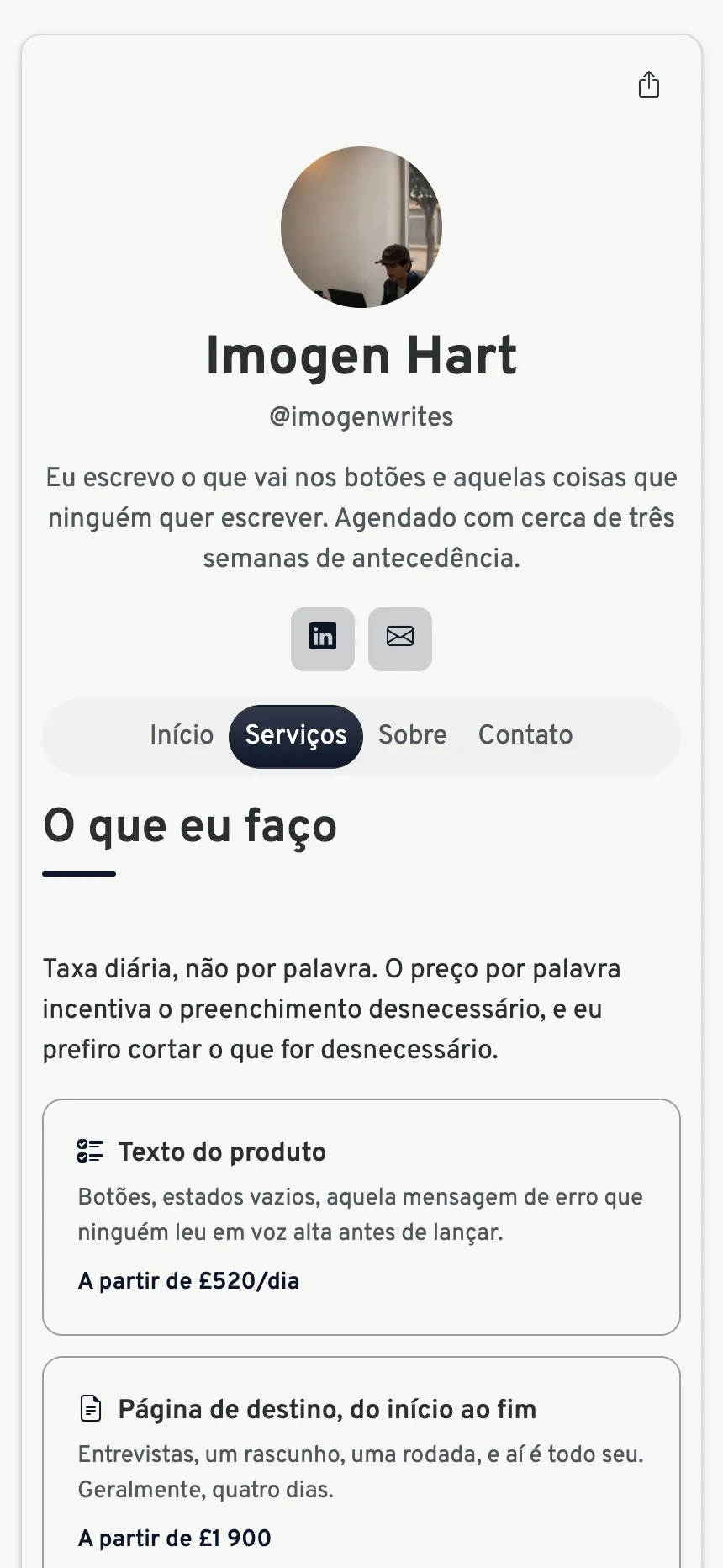 Três abas — o suficiente para vender um serviço, nada além