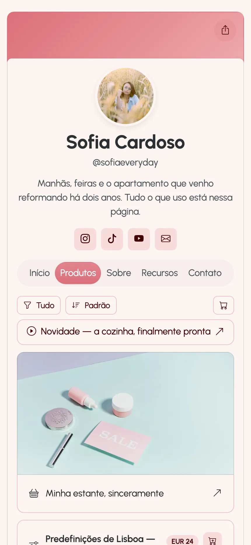 Uma página de criador publicada no KEA.Page — links, predefinições e uma assinatura