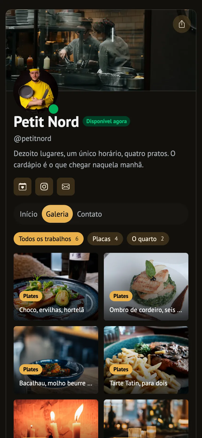 Bistrô — pratos recentes e cabeçalho em banner