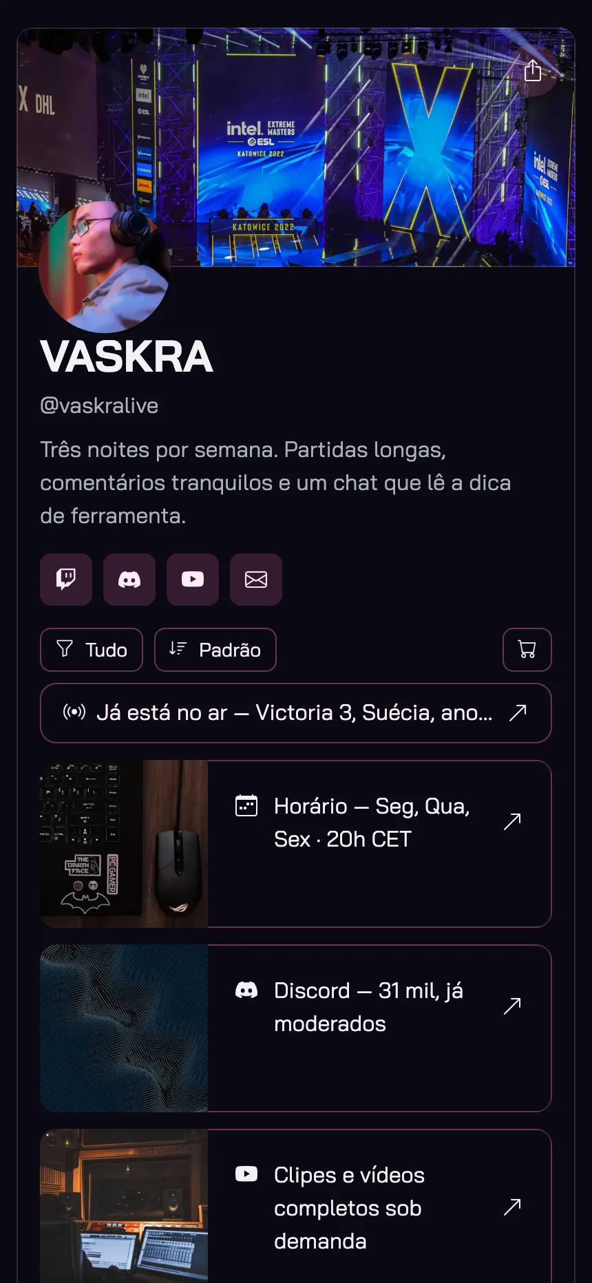 Uma página, apenas links — arte do canal e nada para navegar