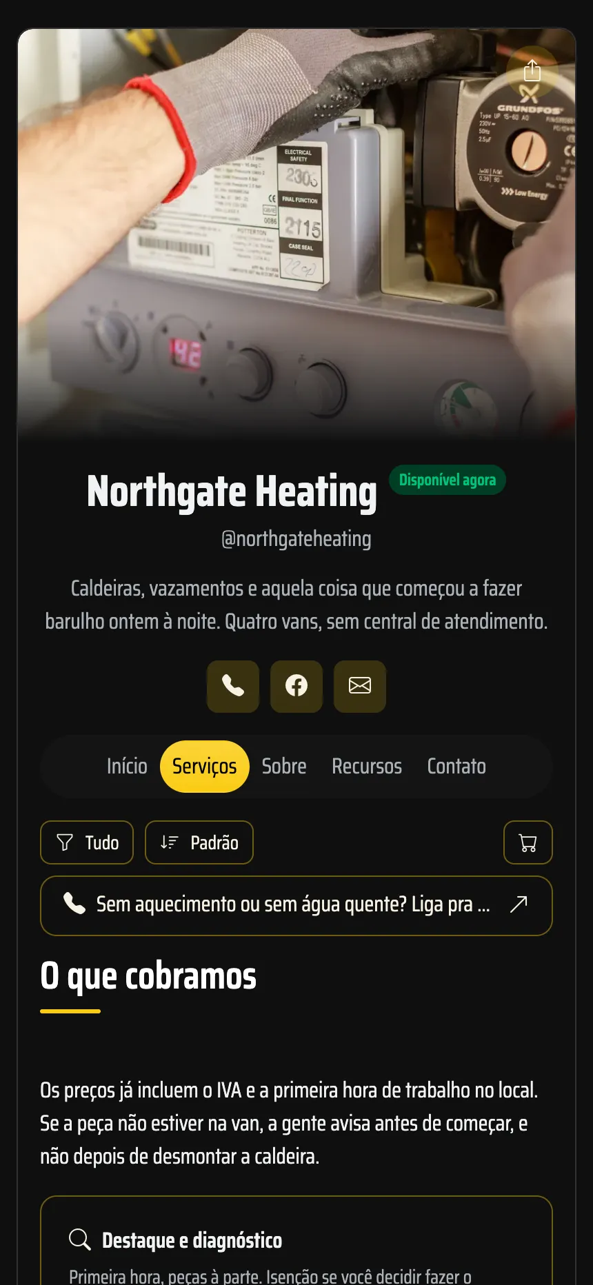 Técnico de aquecimento — visitas com preço e chamada para ligação