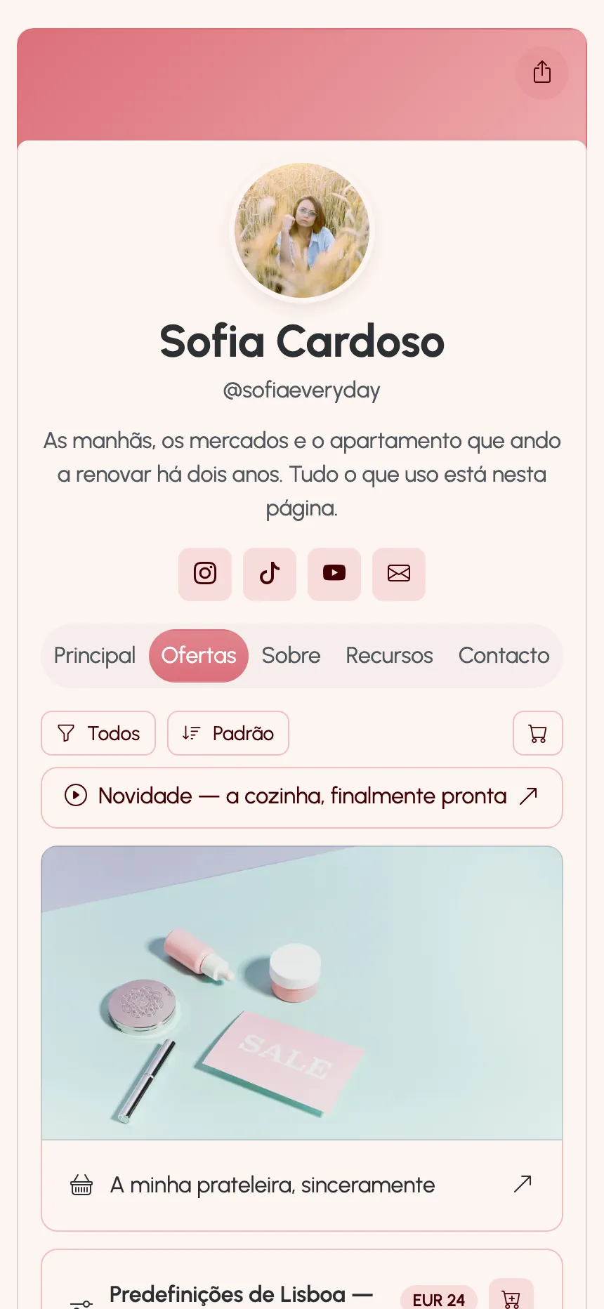 Uma página de criador publicada no KEA.Page — links, predefinições e uma subscrição