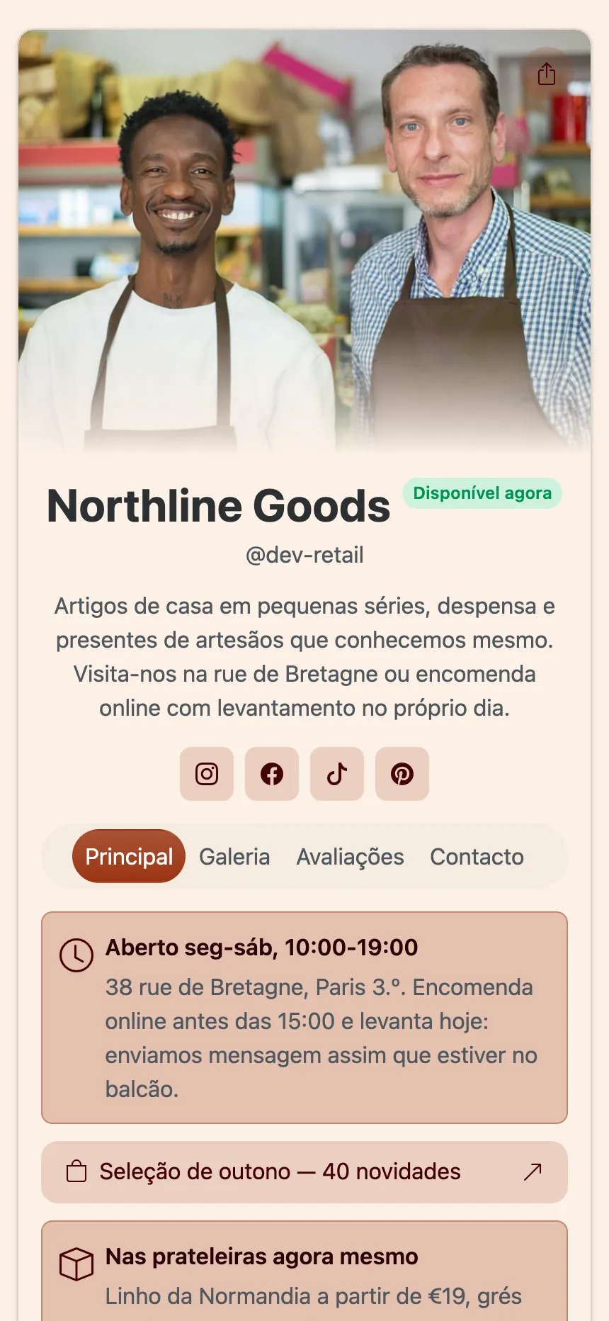 A página principal de um site publicado no KEA.Page