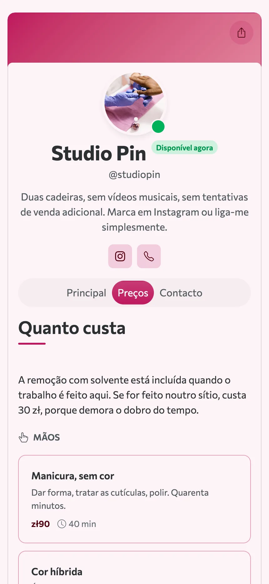 Dois separadores — uma lista de preços e uma morada, e esse é o site