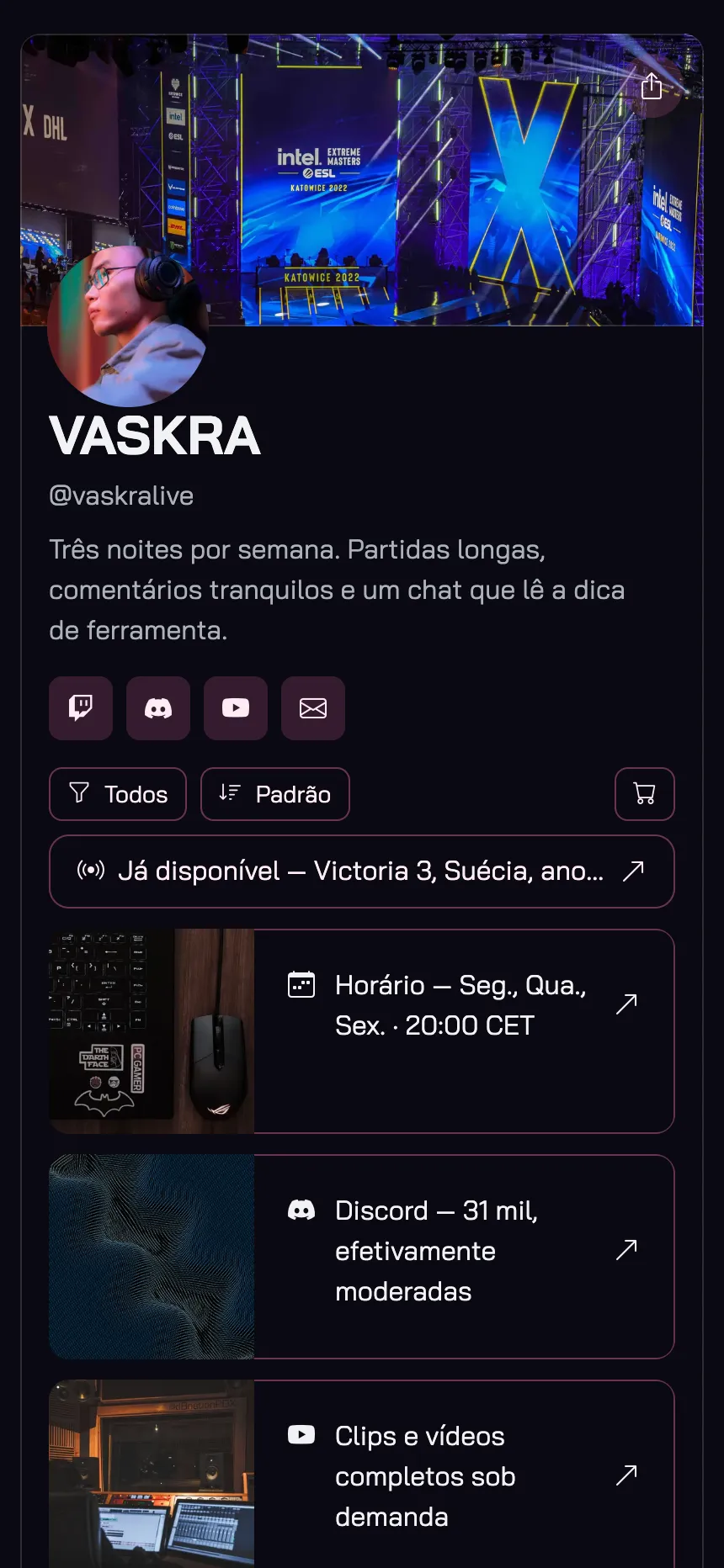 Uma página, apenas links — arte do canal e nada para navegar