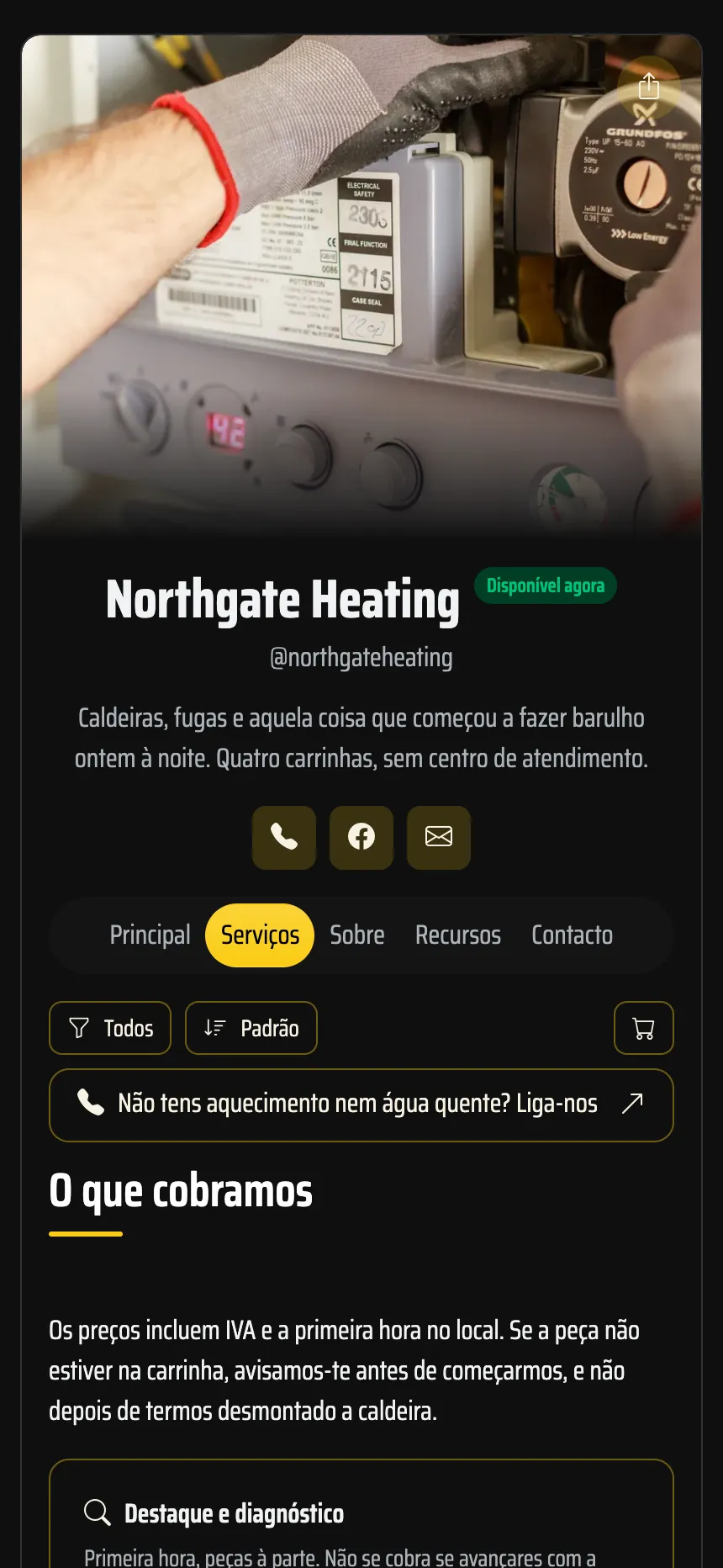 Técnico de aquecimento — deslocações com preço e botão para ligar