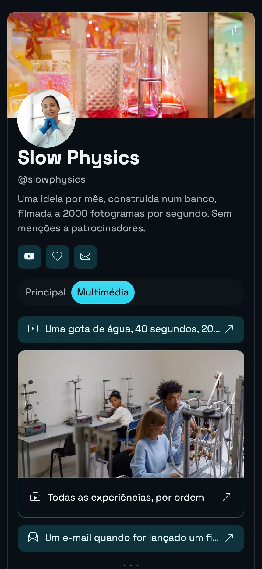 Canal de ciência — duas páginas, com cabeçalho em banner