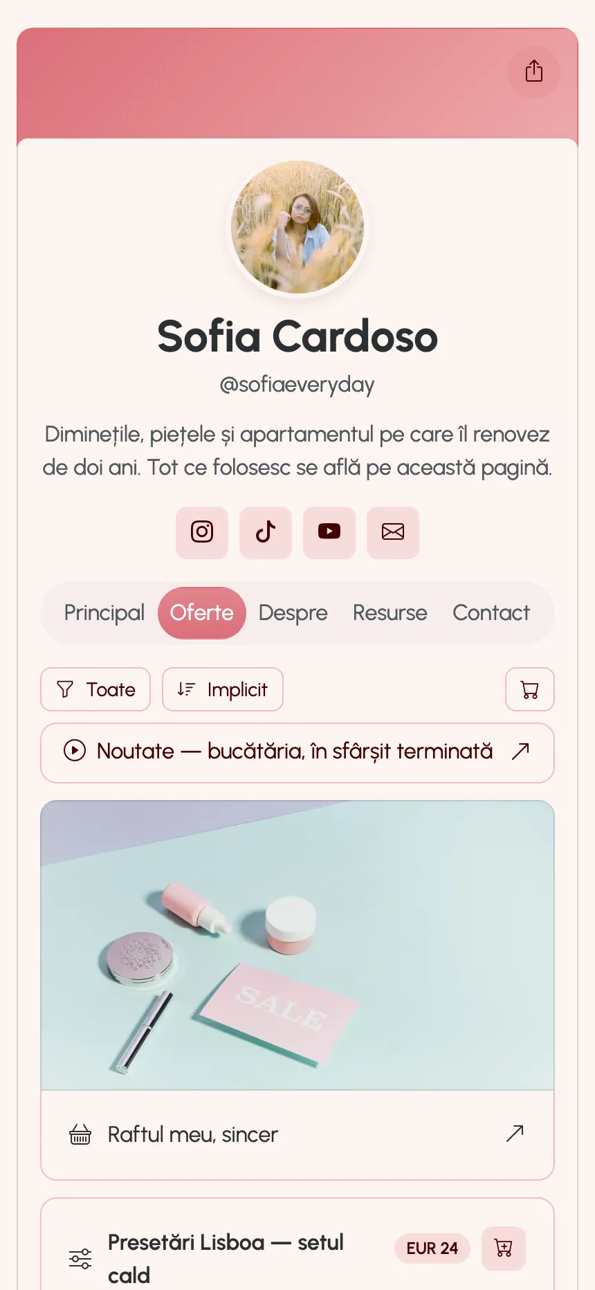 Pagina unui creator publicată pe KEA.Page — linkuri, presetări și un abonament
