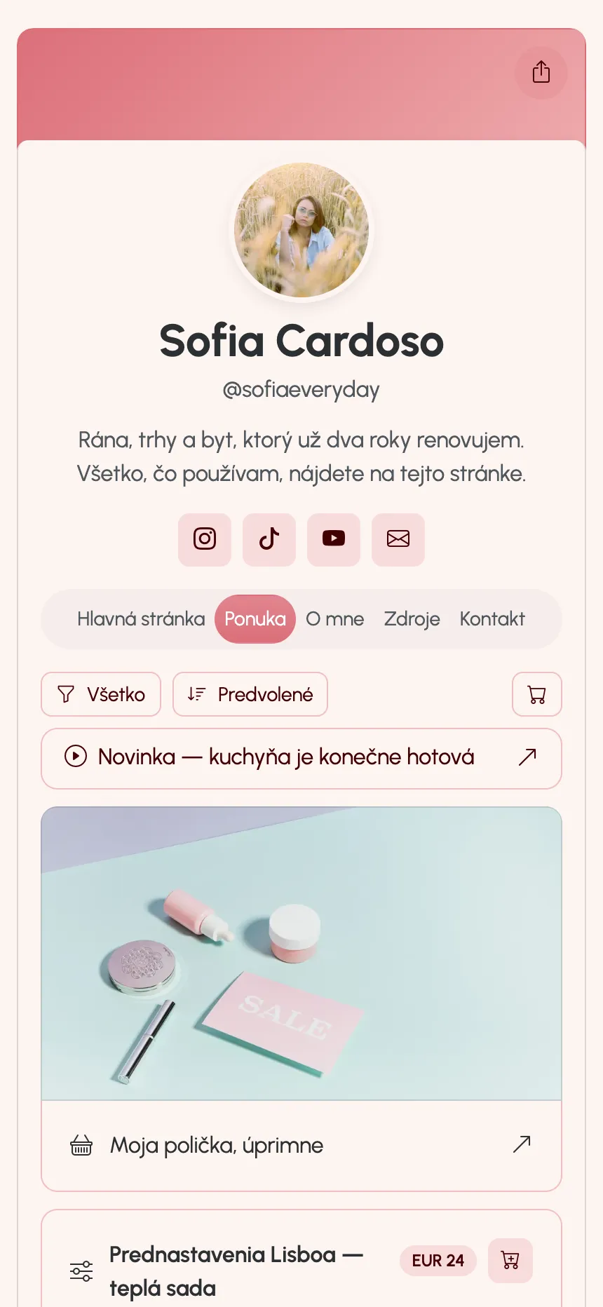 Stránka tvorcu zverejnená na KEA.Page — odkazy, predvoľby a členstvo