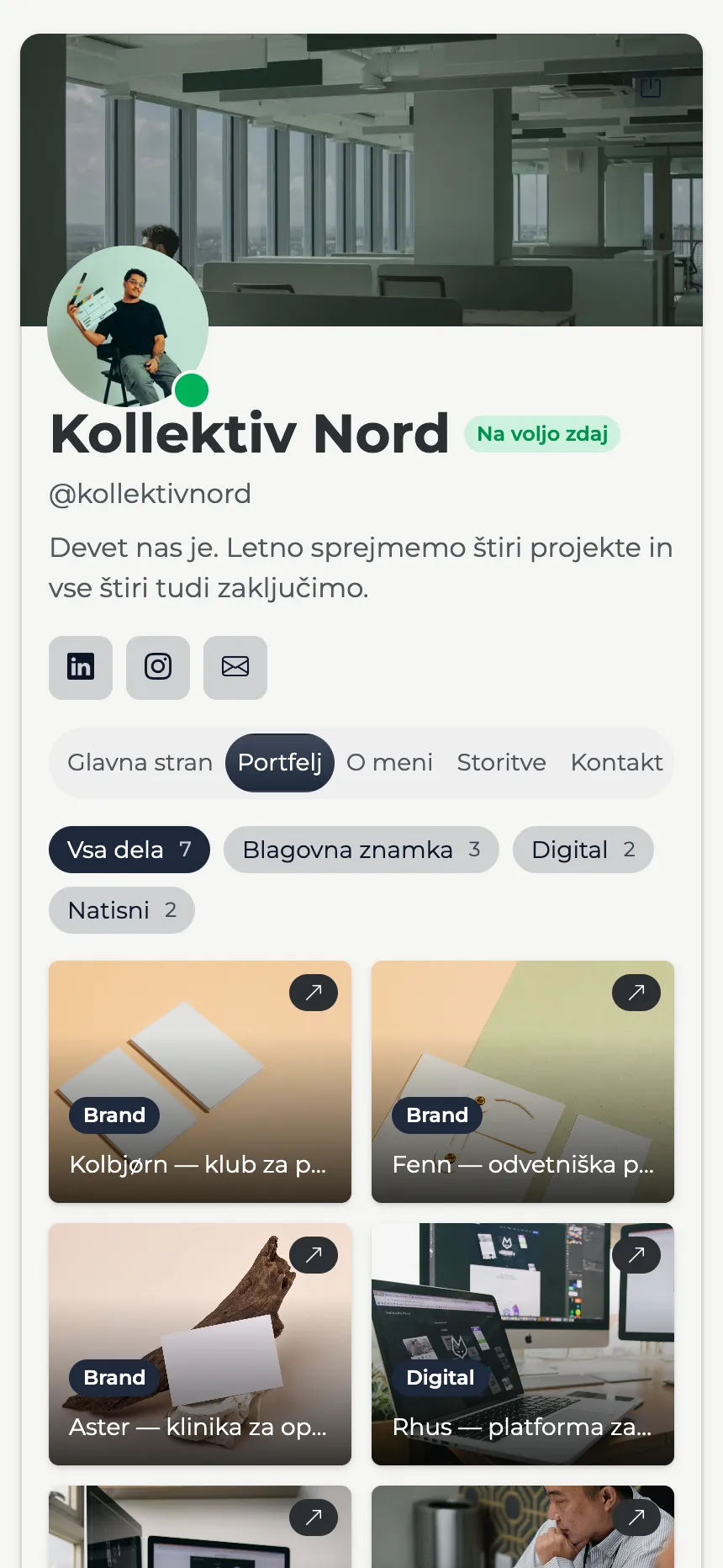 Oblikovalski studio — portfolio s filtriranjem v pasici