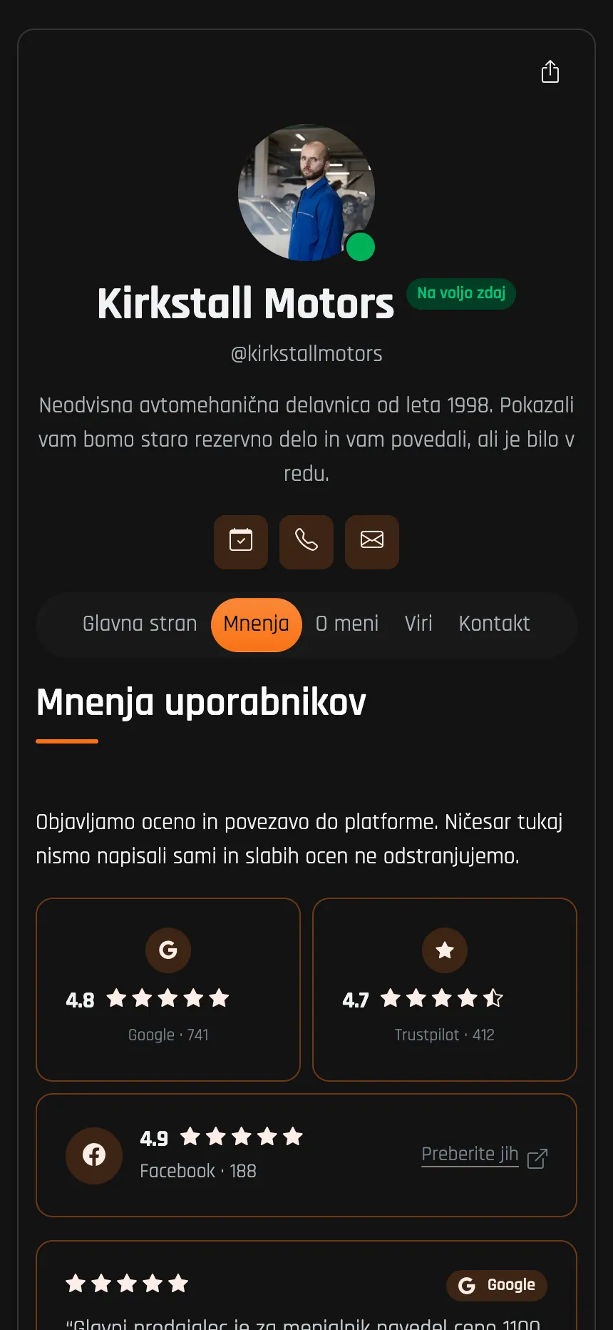 Avtoservis — ocene, uvožene z Googla in Trustpilota