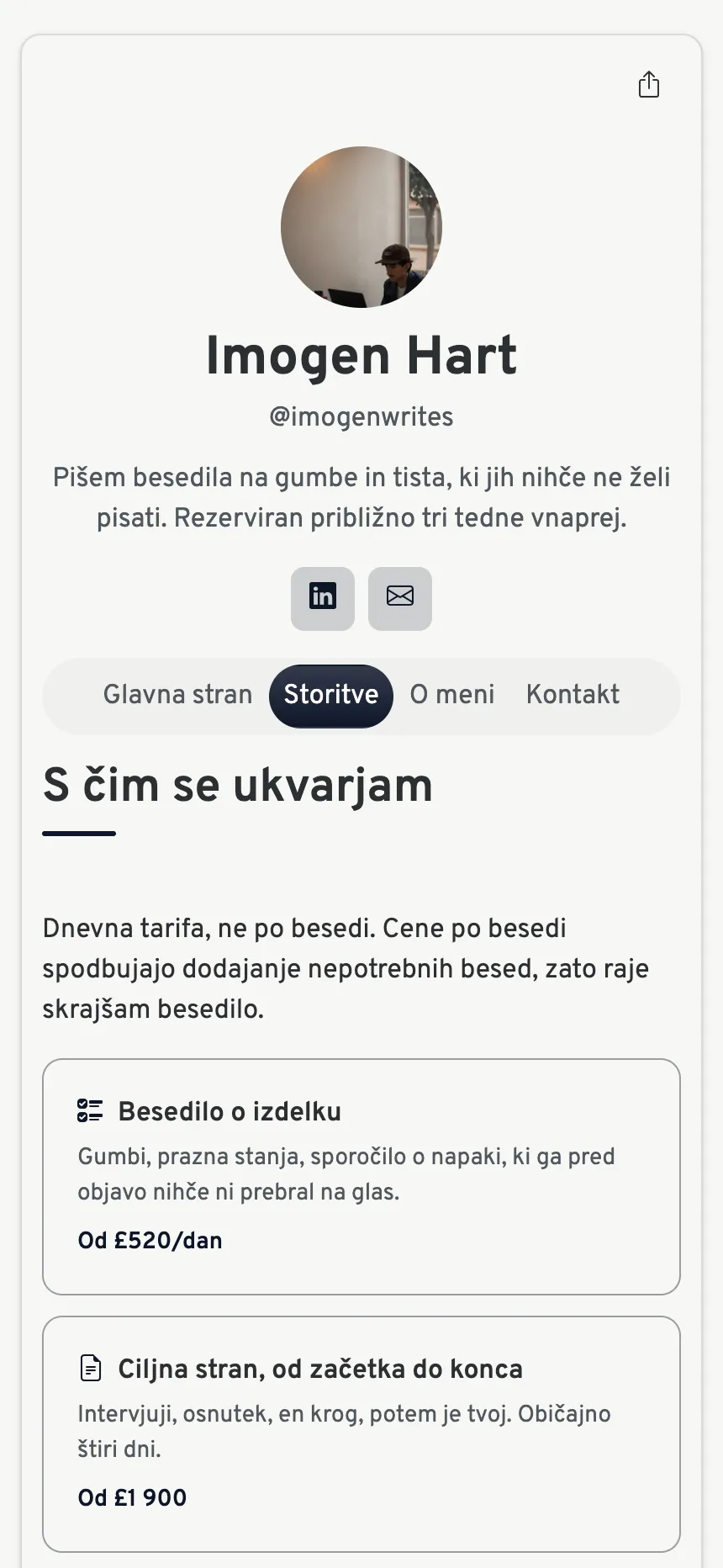 Trije zavihki — ravno dovolj za prodajo storitve, nič odvečnega