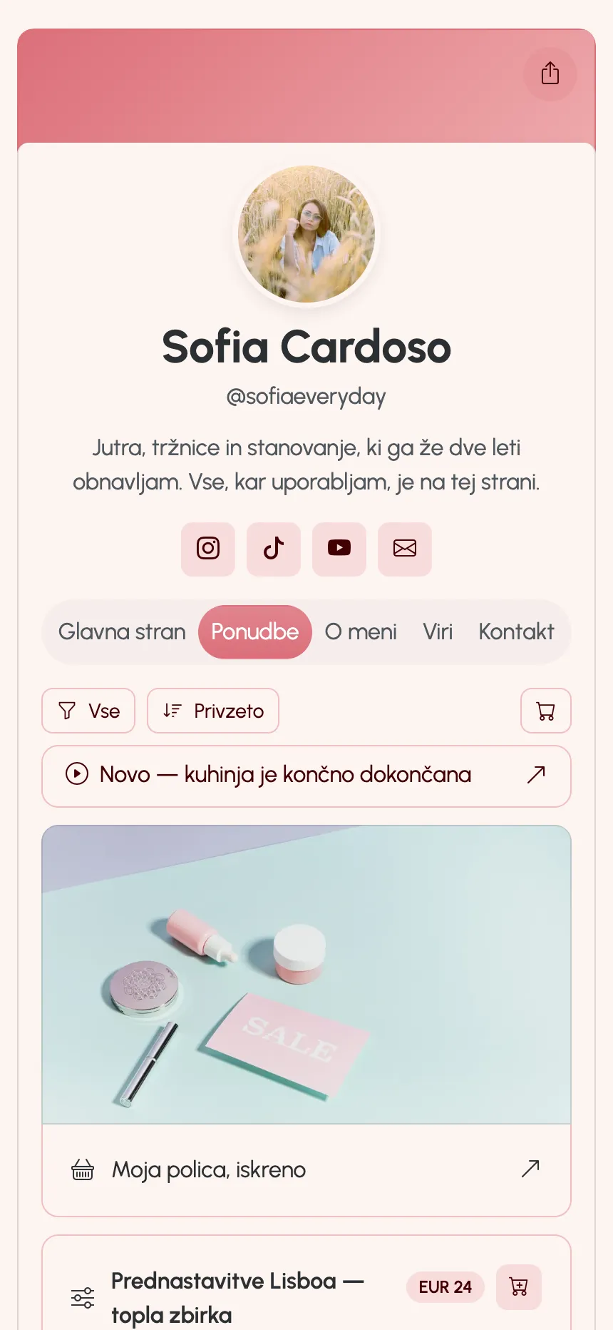 Stran ustvarjalca, objavljena na KEA.Page — povezave, prednastavitve in članstvo